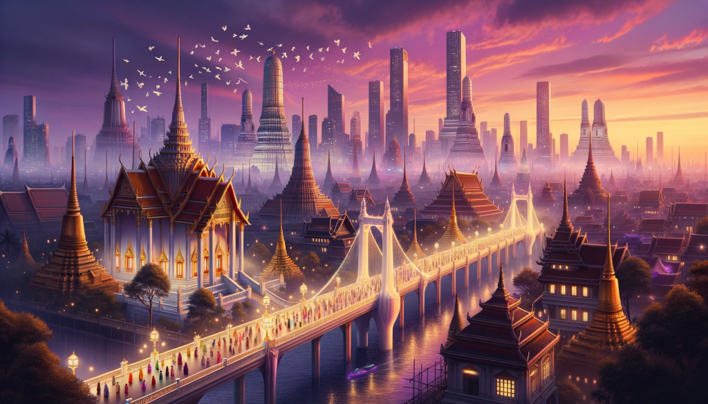 Bridge connecting ancient temples and modern buildings, illustrating the harmony between faith, analysis, and future beliefs.