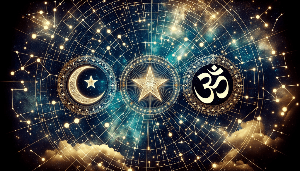 Religious symbols from major world religions set against a backdrop of historical predictions, representing comparative end times beliefs.