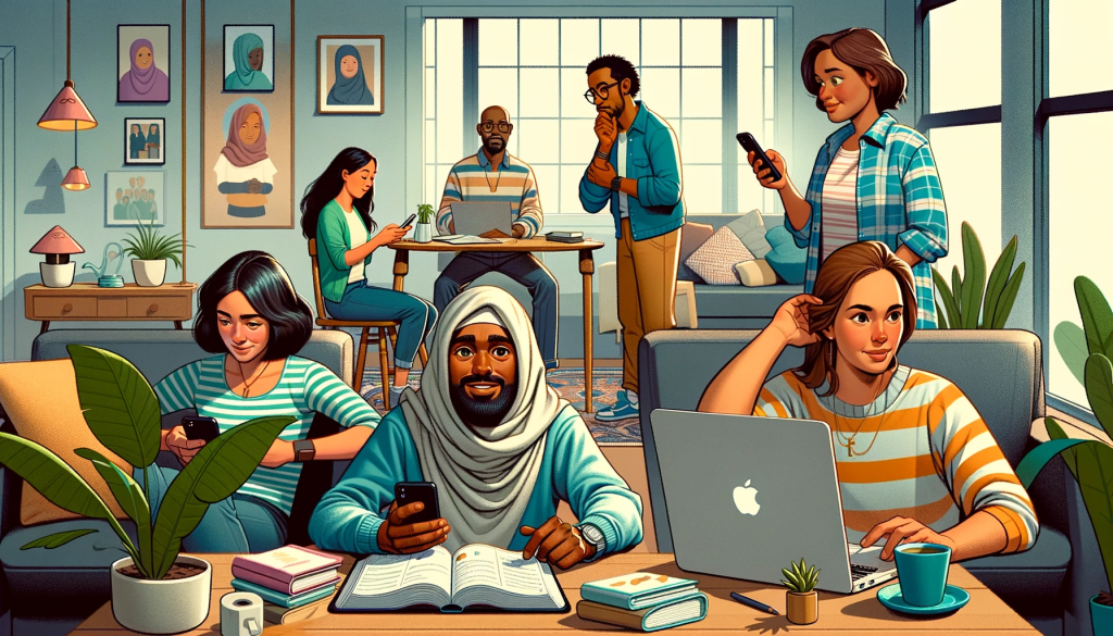 depicting the process of personally inviting people to an online Bible study group, with a diverse group of characters and a warm, inviting background.