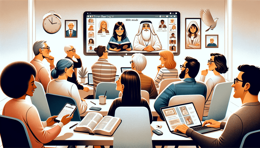 Here's the 16:9 cartoon image that visualizes the concept of using screen sharing in an online Bible study group. The scene features a diverse group of characters in a virtual meeting, engaged with the shared screen content in a modern and collaborative learning environment.